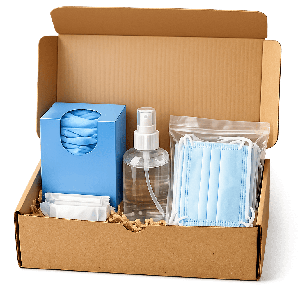 Ihr monatliches Pflegepaket mit Handschuhen, Desinfektion und Masken
