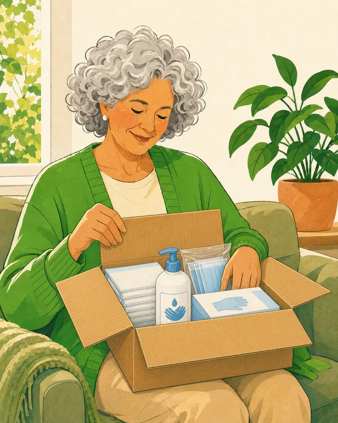 Illustration: Eine ältere Frau öffnet zu Hause ihr geliefertes Pflegepaket